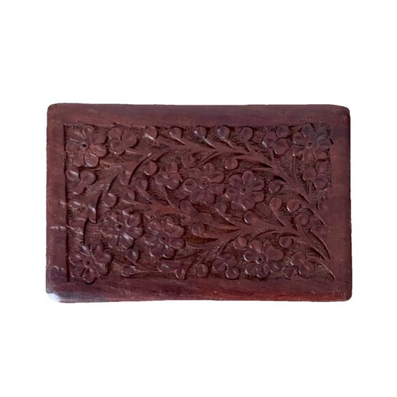 Wood Hand Carved Ornate Trinket Box - India Blue Velvet Inside 6” x 3.75” x 2” - Picture 3 of 10